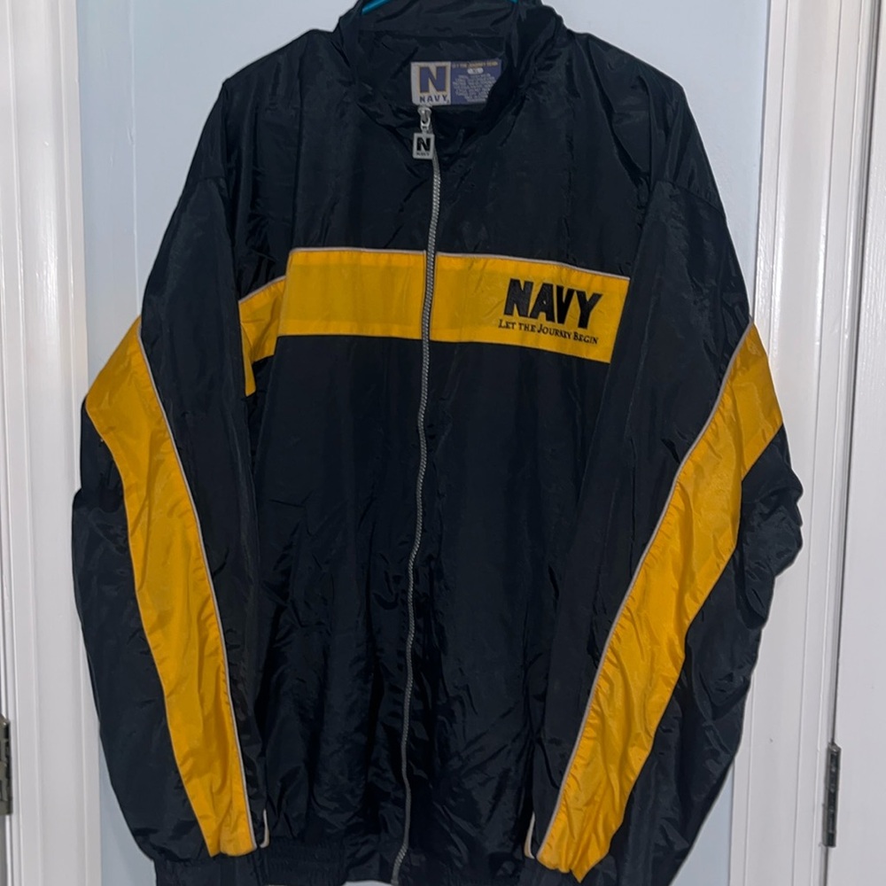 2 Ps. Vintage Navy Tracksuit Set Nylon Matching Jacket Pants Sz XL Navy Yellow